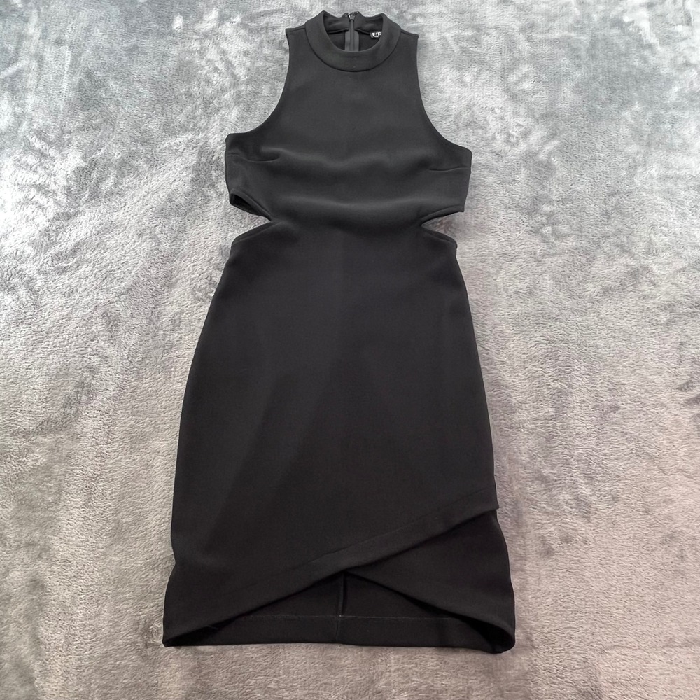 Express Womens Black Mock Neck Side Cutout Ribbed Mini Dress XS Asymmetrical Hem
